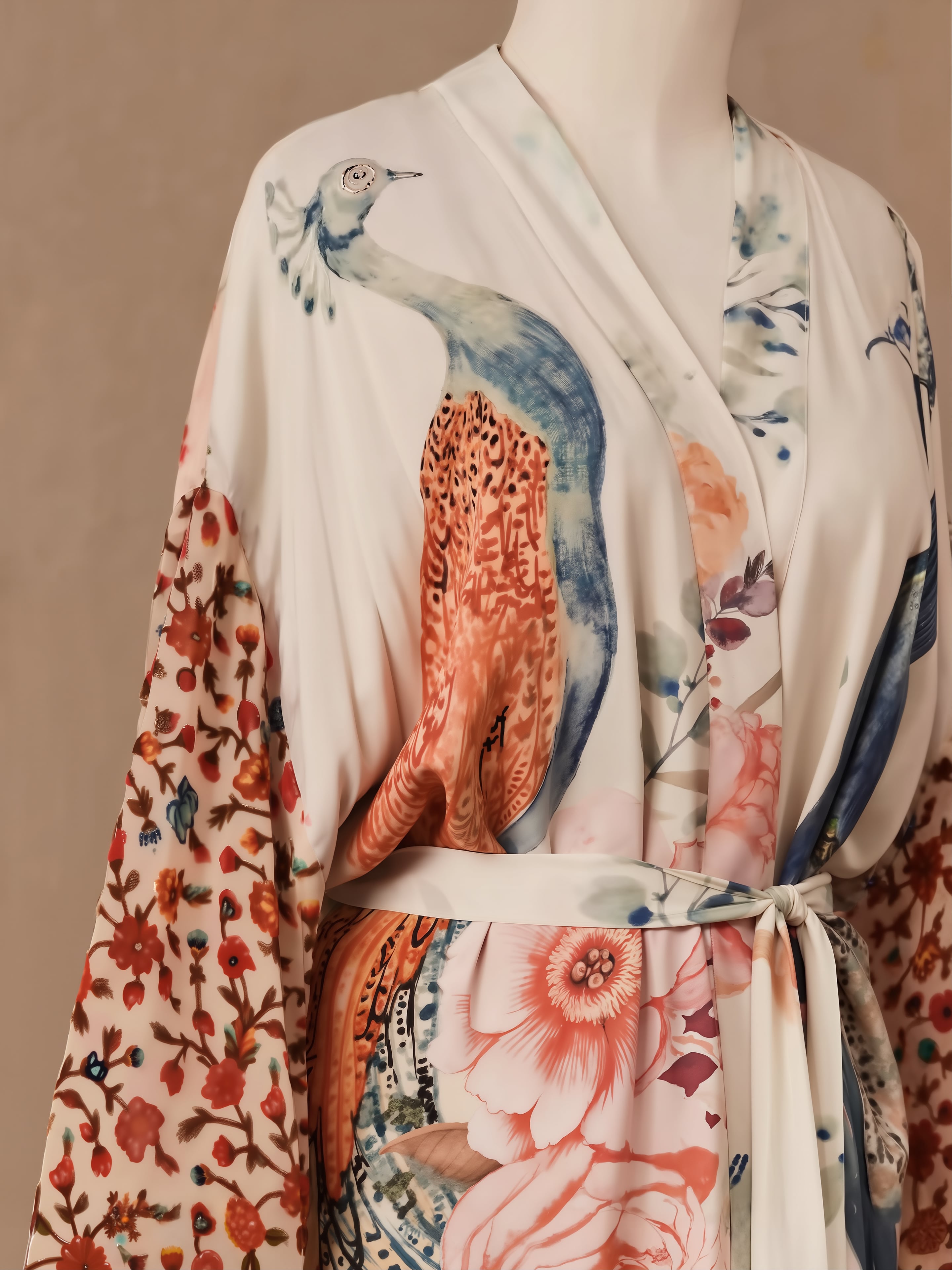 Cream bikini cover-up with artistic peacock and floral watercolor print in coral, blue, and red tones