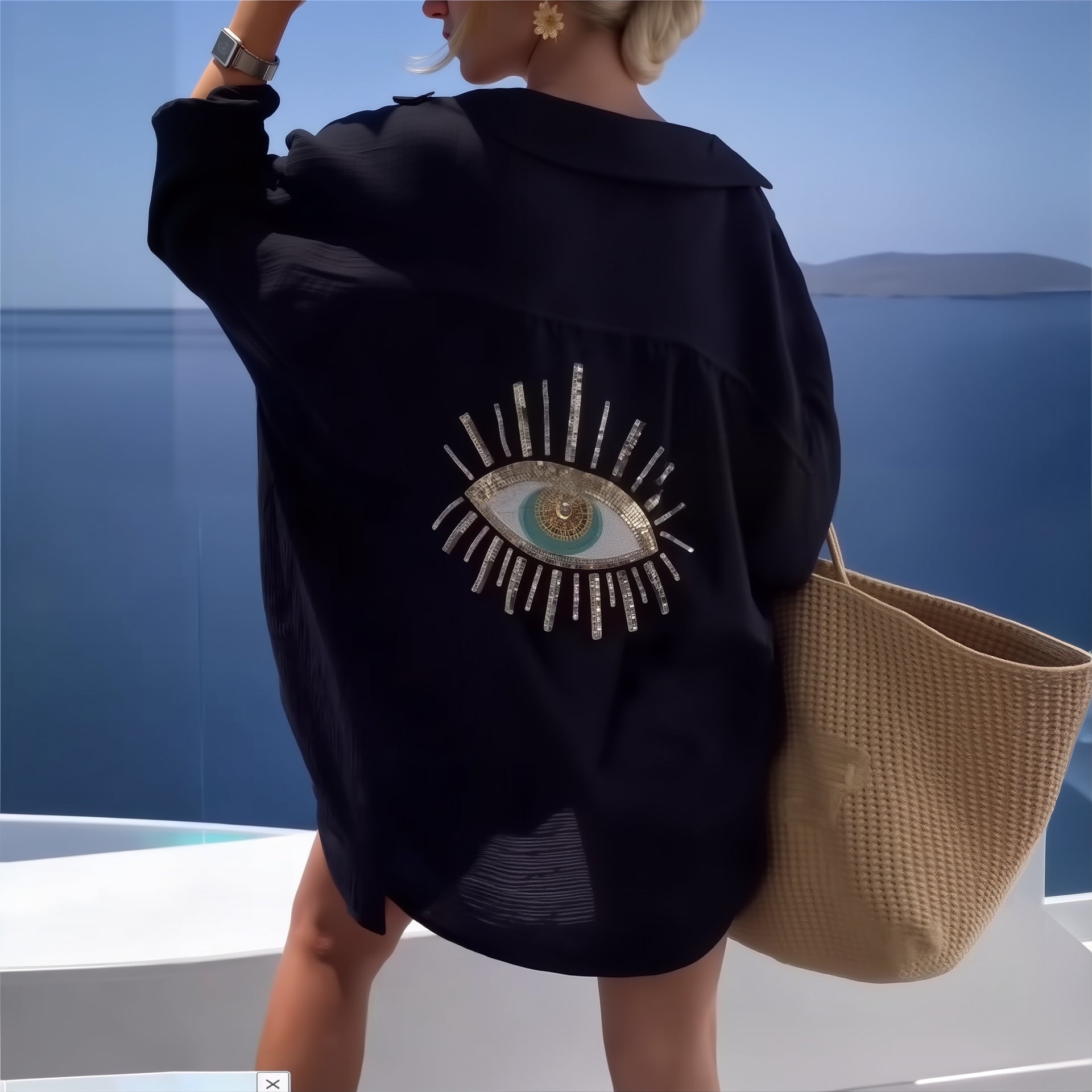Black oversized shirt with embroidered eye motif worn over bikini by ocean, Scandinavian swimwear cover-up