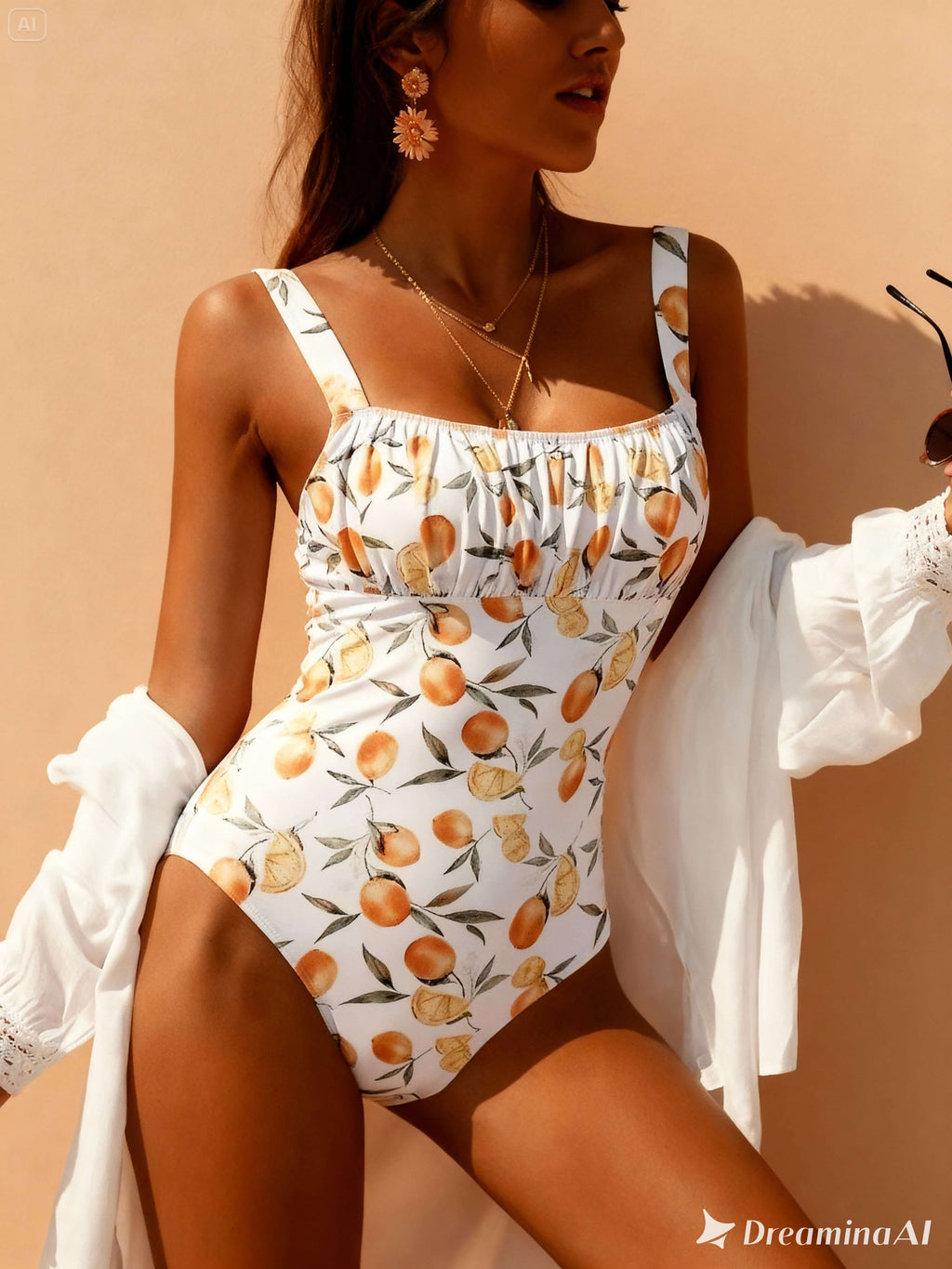 Woman wearing white one-piece swimsuit with peach and leaf print pattern, styled with white cover-up and gold jewelry
