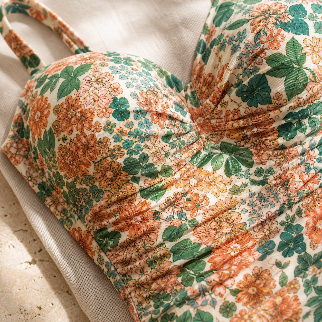 Soravea Marguerite retro floral swimsuit fabric print close-up