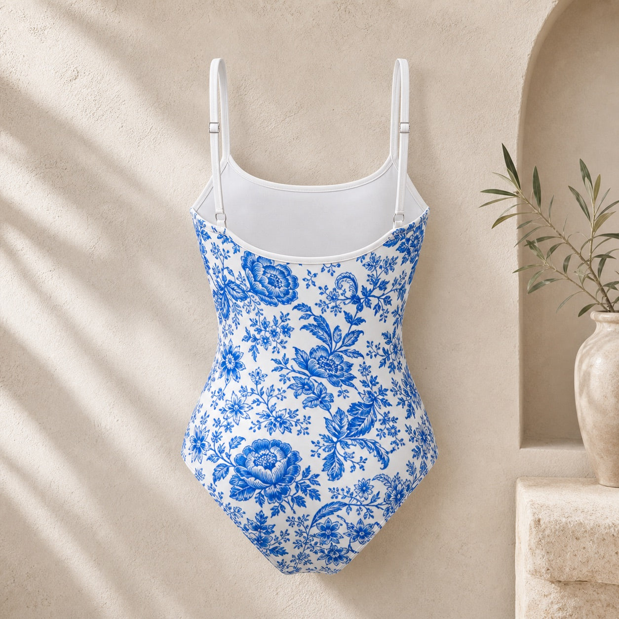 Soravea Porcelain floral one-piece swimsuit open back view