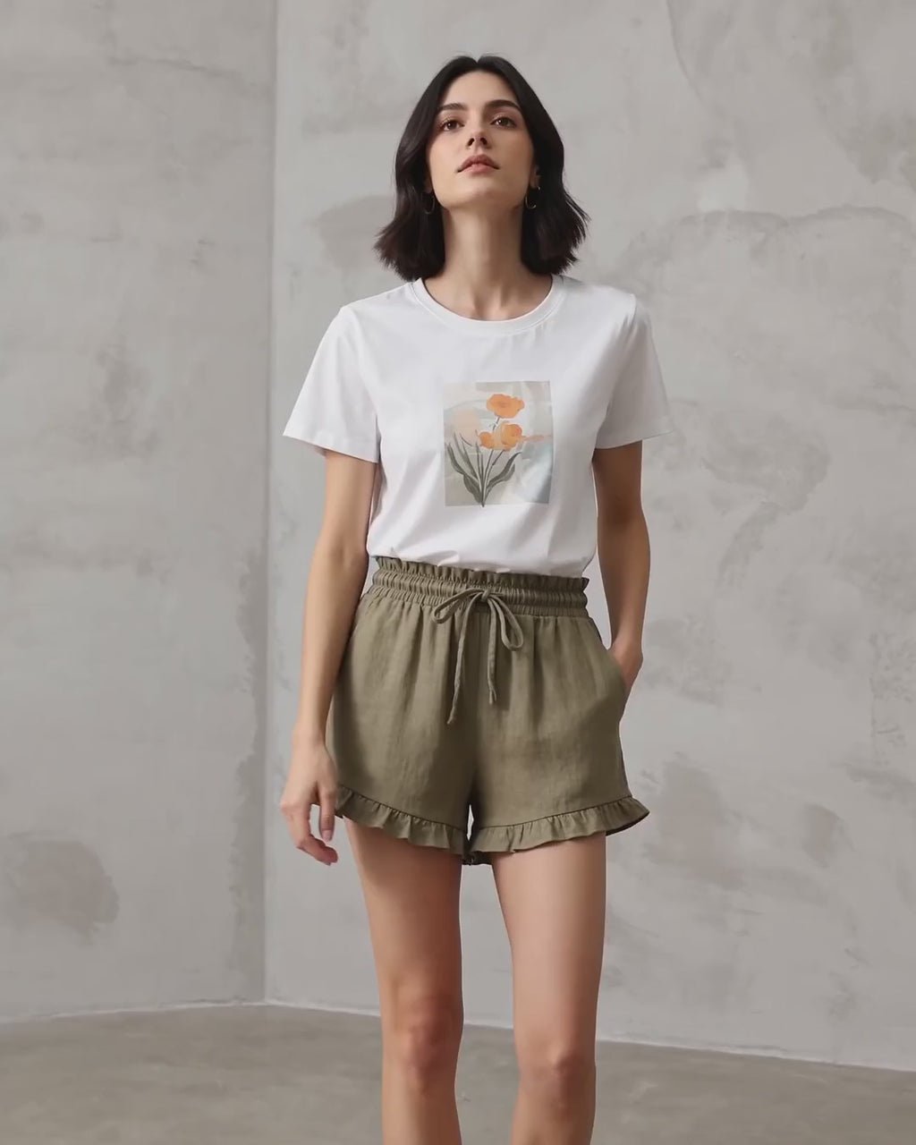 SORAVEA Hilde olive green linen shorts product showcase