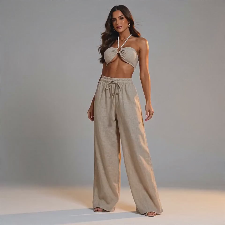 SORAVEA Edda sand linen co-ord set halter crop top wide-leg pants product showcase
