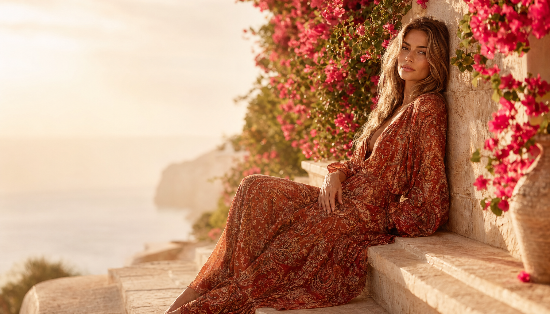Terracotta paisley dress on travertine villa steps under bougainvillea | SORAVEA