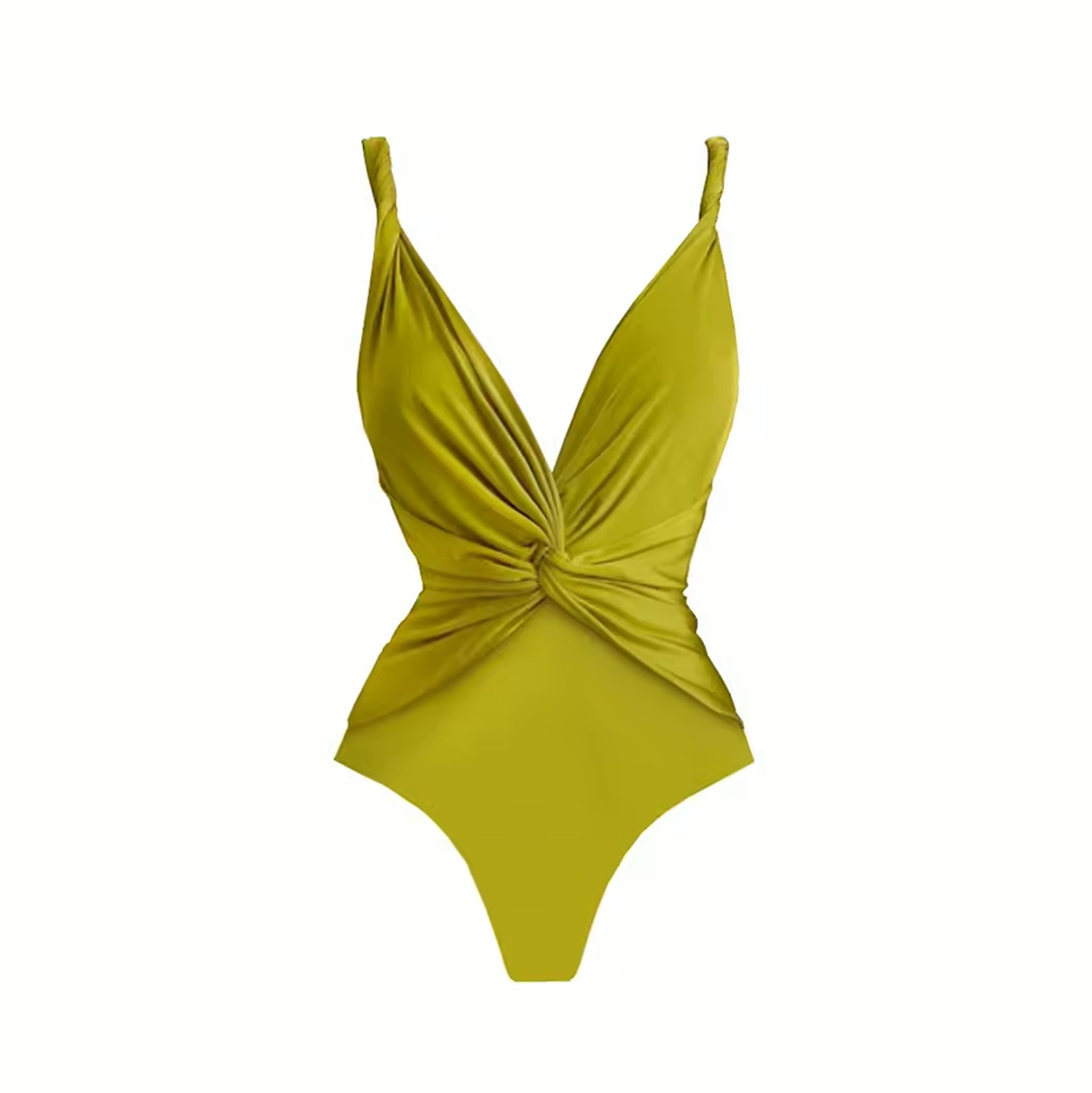 Lime green swimsuit with twisted front detail and thin shoulder straps