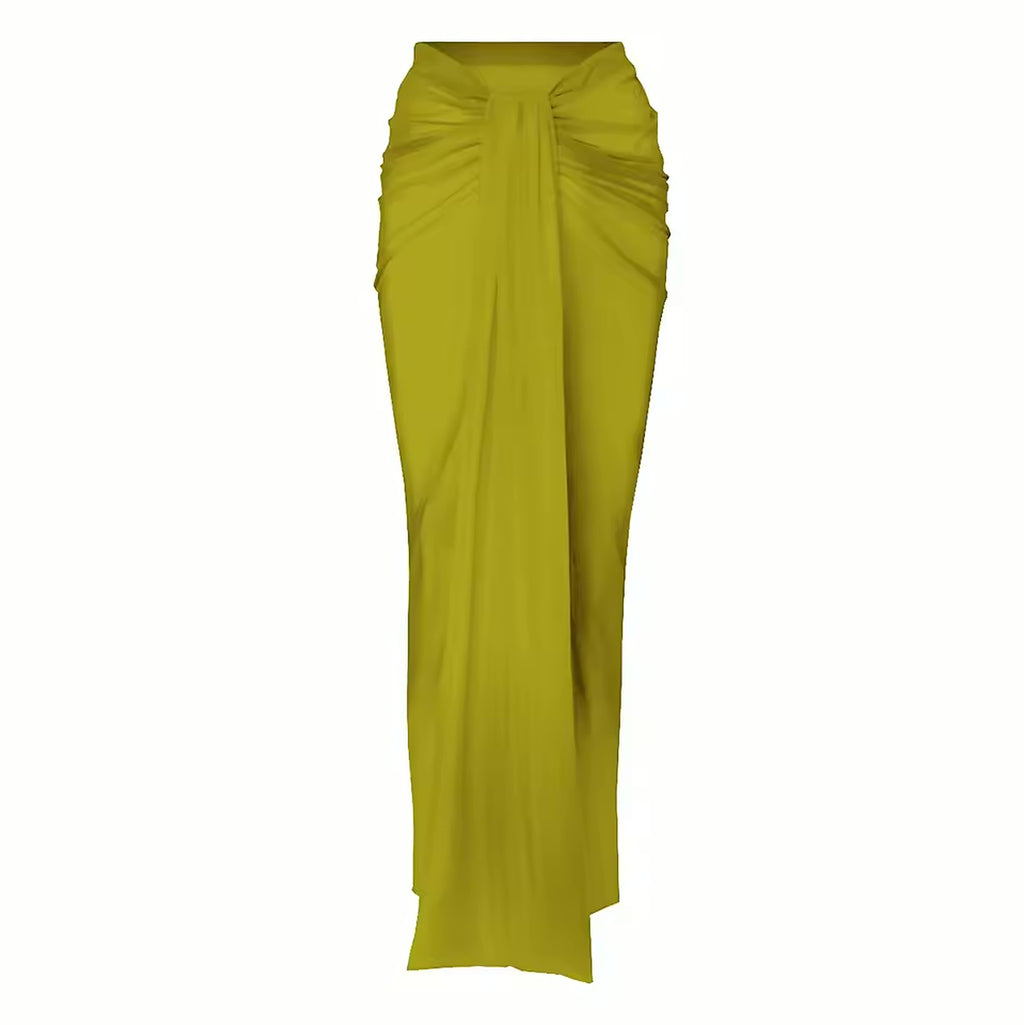 Lime green ruched bikini bottom with draped sides and adjustable fit detail