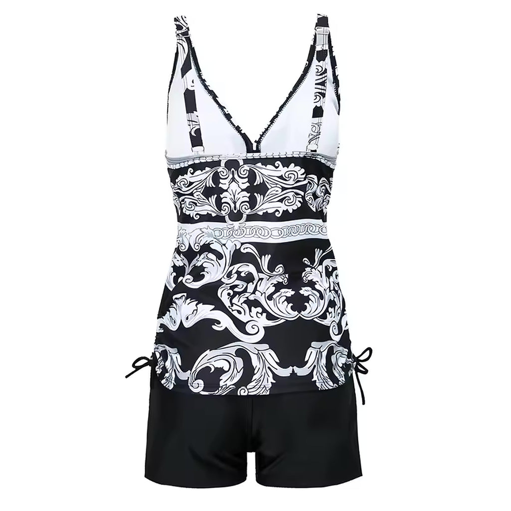 Black and white baroque patterned bikini with adjustable straps and side-tie shorts, Palmira style