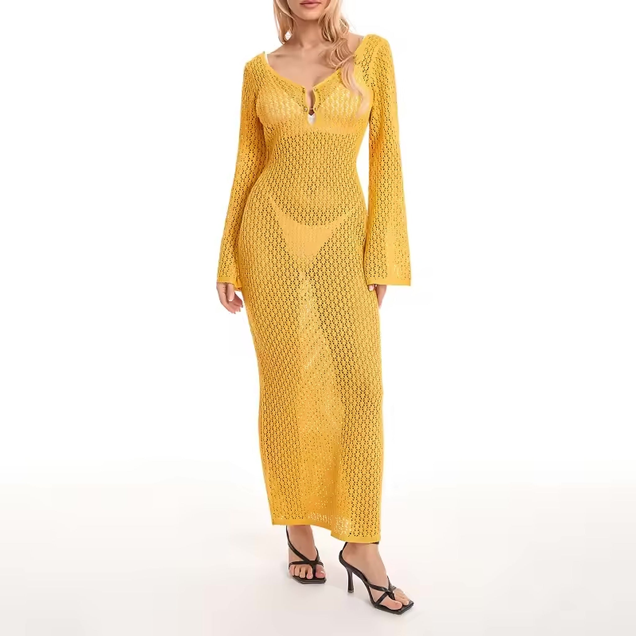 Yellow knit coverup dress with long sleeves and V-neckline, perfect beach bikini cover-up