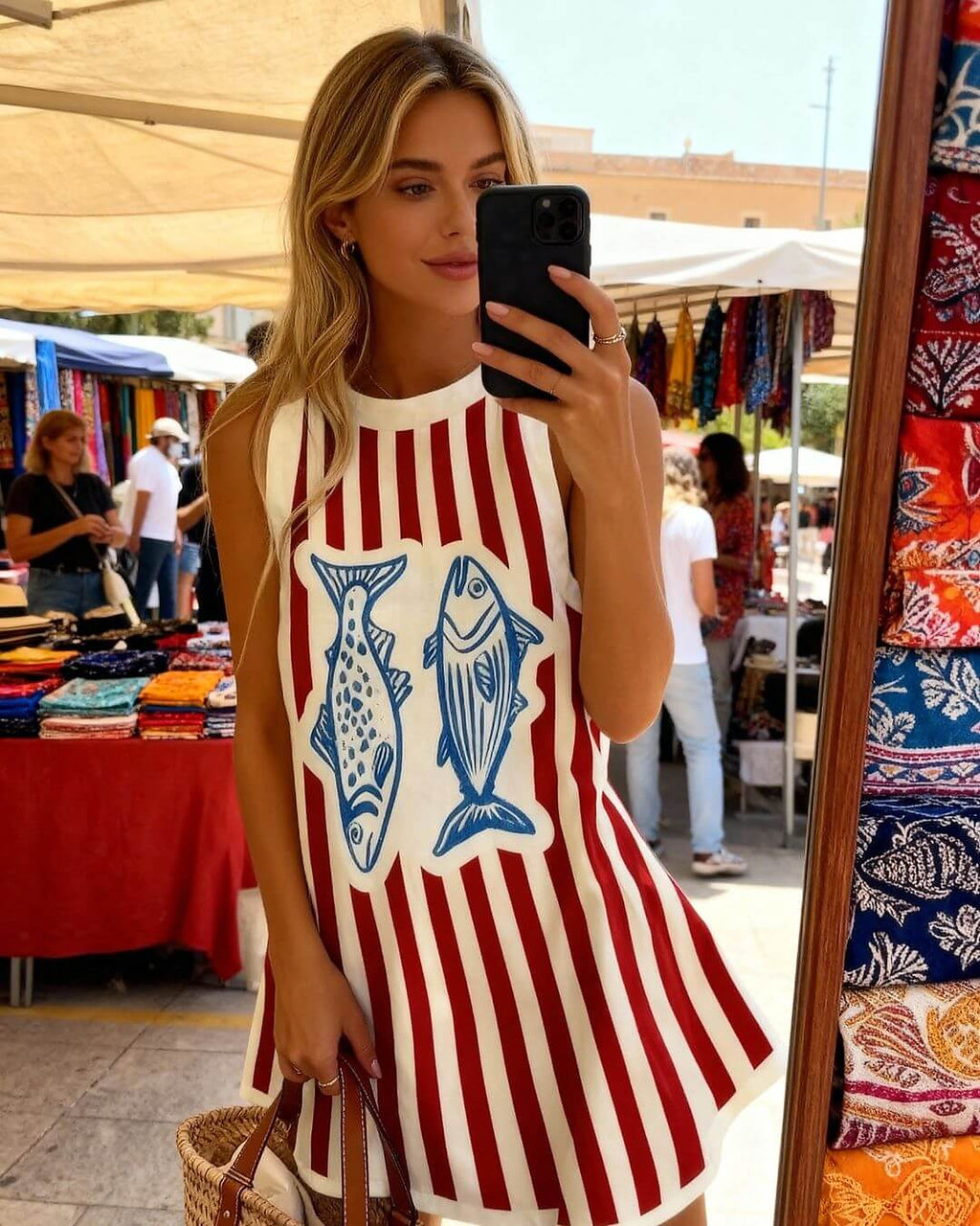 Woman wearing red and white striped bikini top with blue fish graphic design