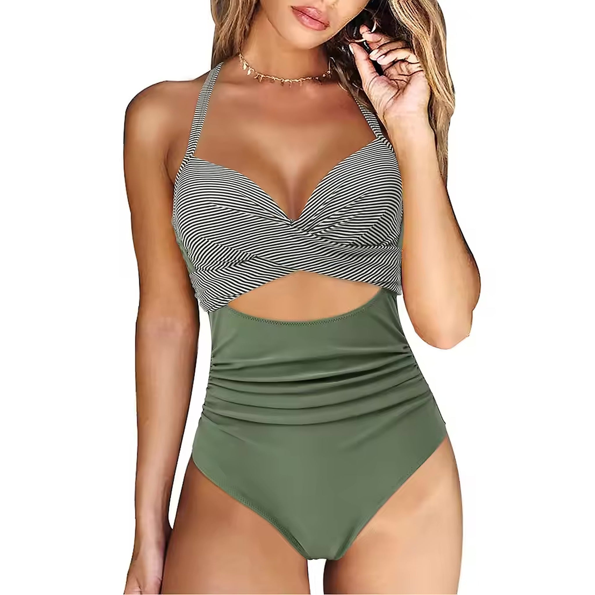 Woman wearing striped wrap bikini top with green ruched high-waist bikini bottom and gold necklace