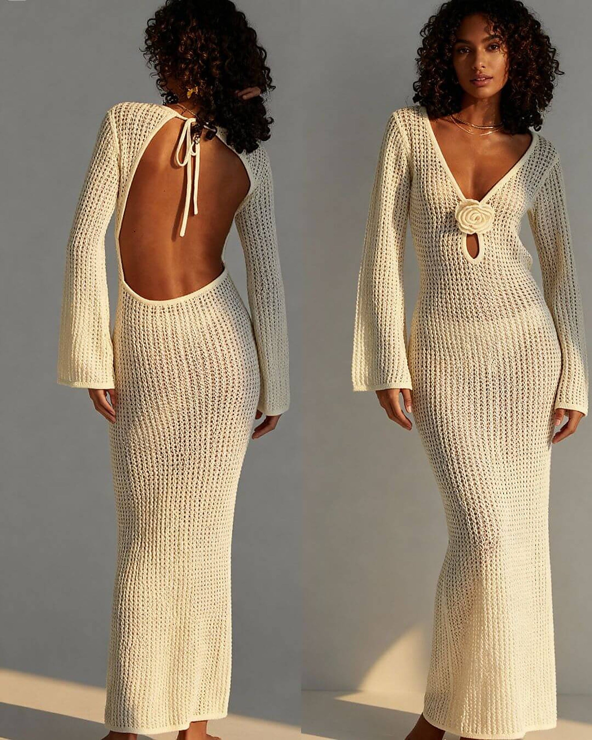 Cream knit bikini cover-up dress with open back, long sleeves, and gold ring detail at front closure