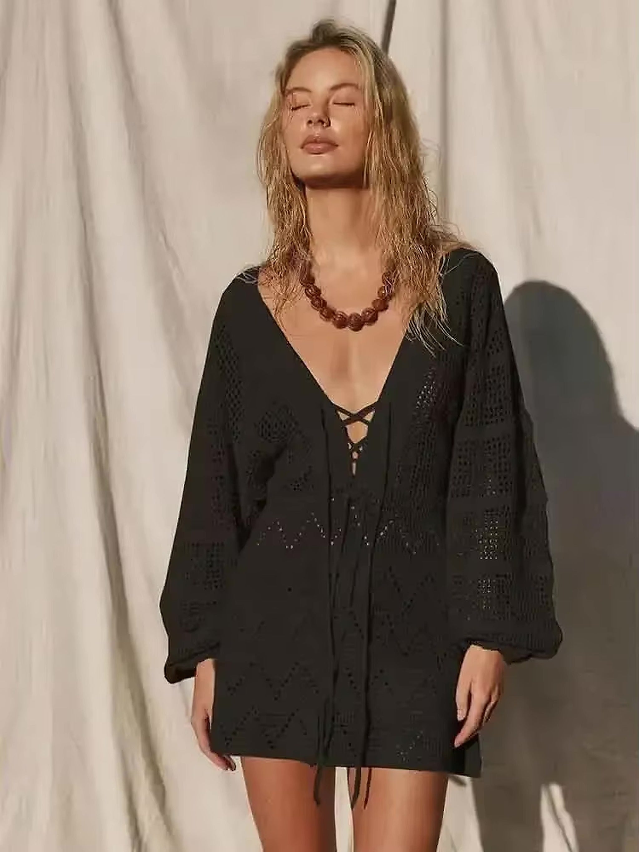 Black crochet lace-up swimwear cover-up dress with adjustable drawstring front closure