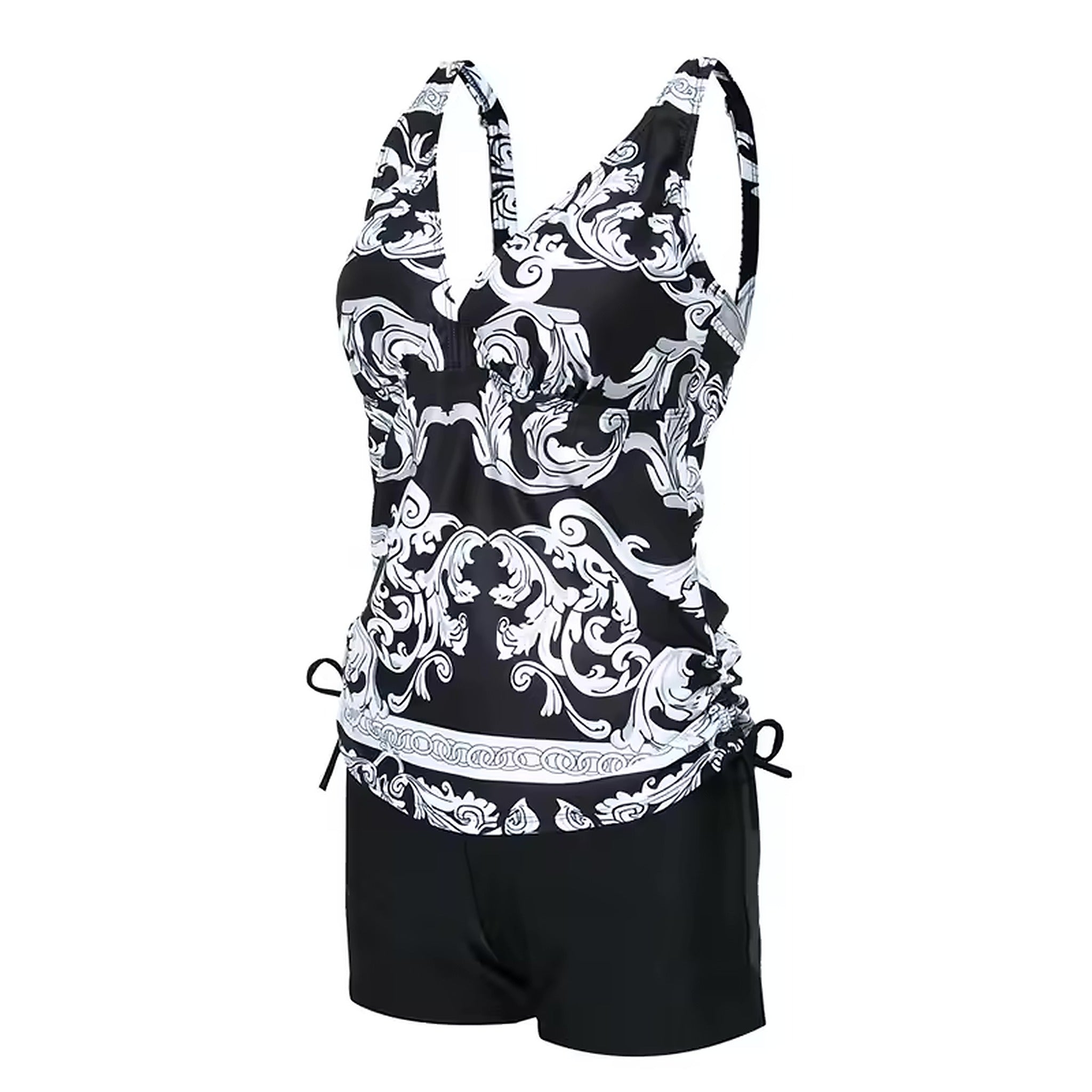 Black and white baroque patterned tankini swim top with matching shorts and decorative side ties
