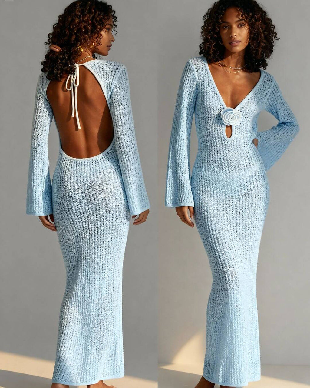 Light blue ribbed knit bikini with long sleeves, plunging neckline, and open back detail with tie closure