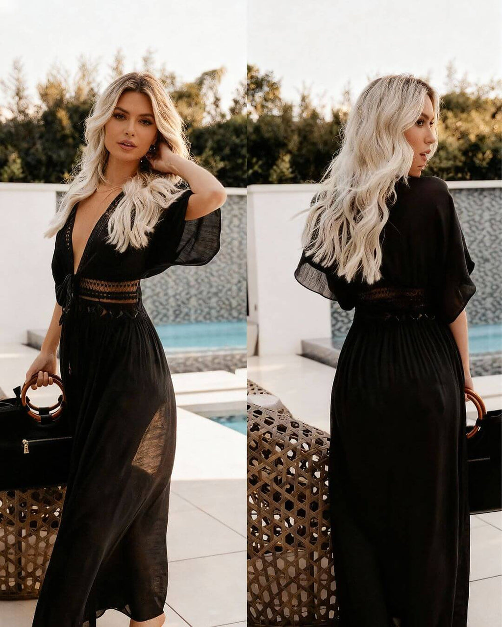 Black textured bikini cover-up with bronze waist detail, worn poolside with front and back views.