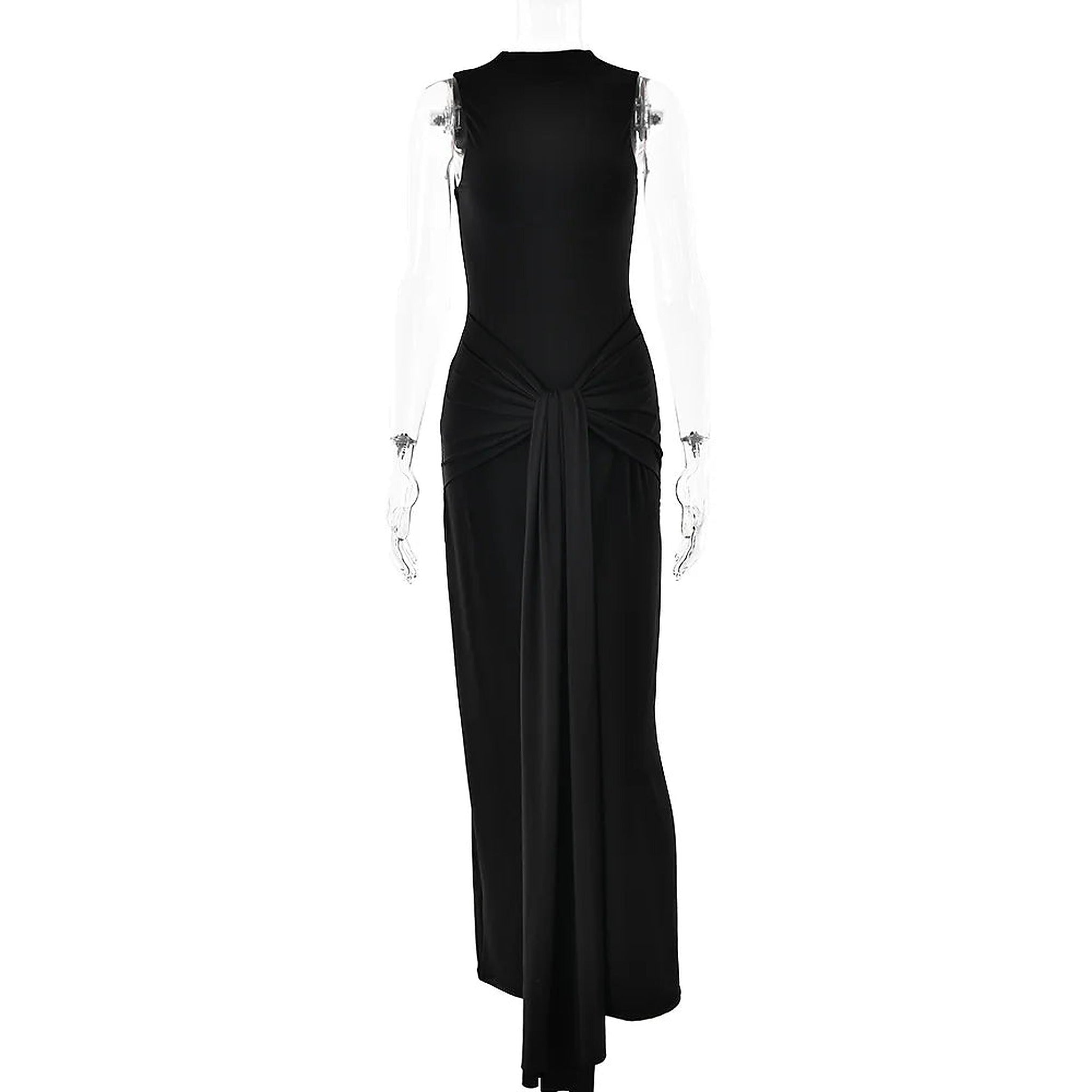 Black ruched one-piece swimsuit with side tie detail and sleeveless design