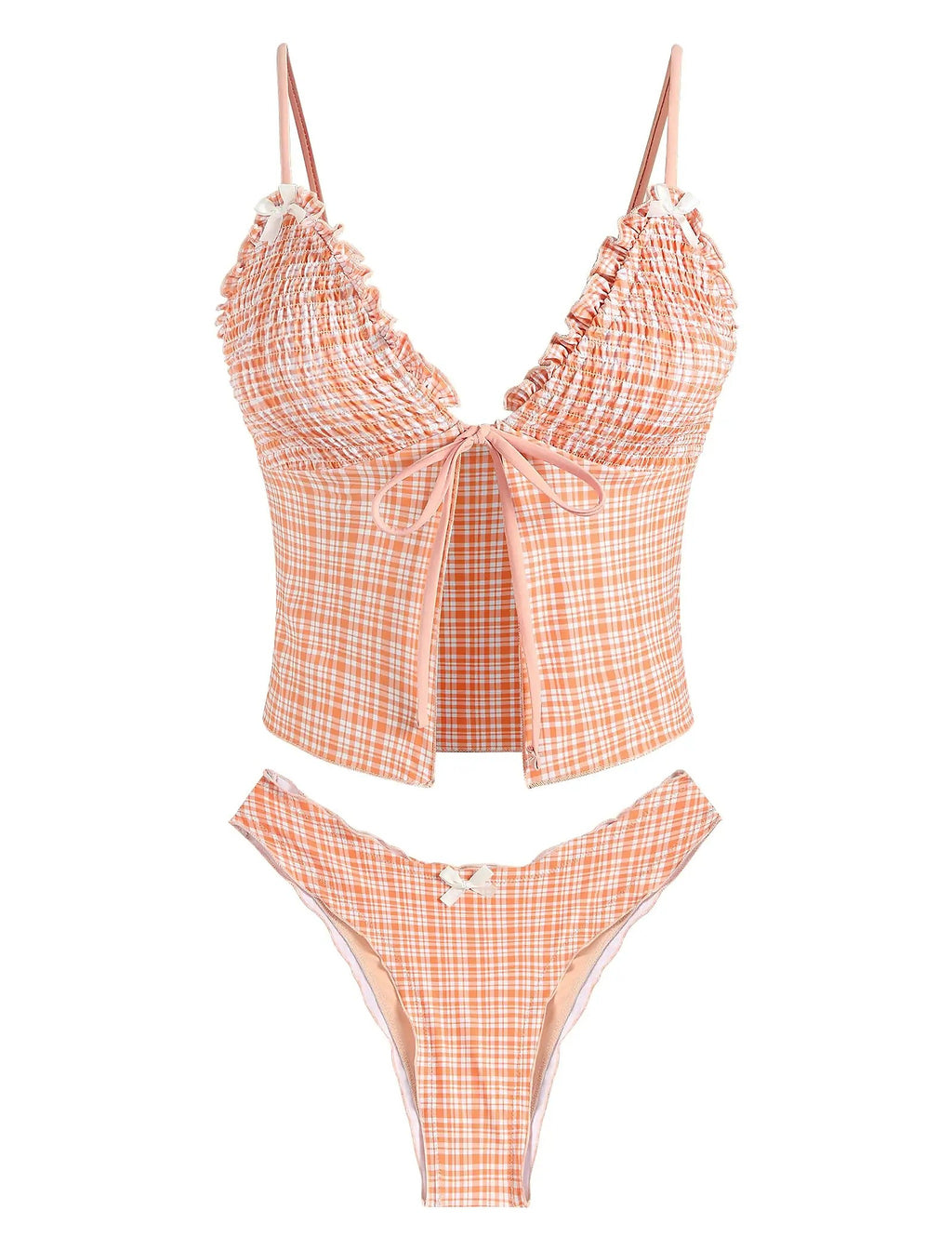 Coral gingham bikini with ruffled halter top and tie-front detail, paired with matching bottoms
