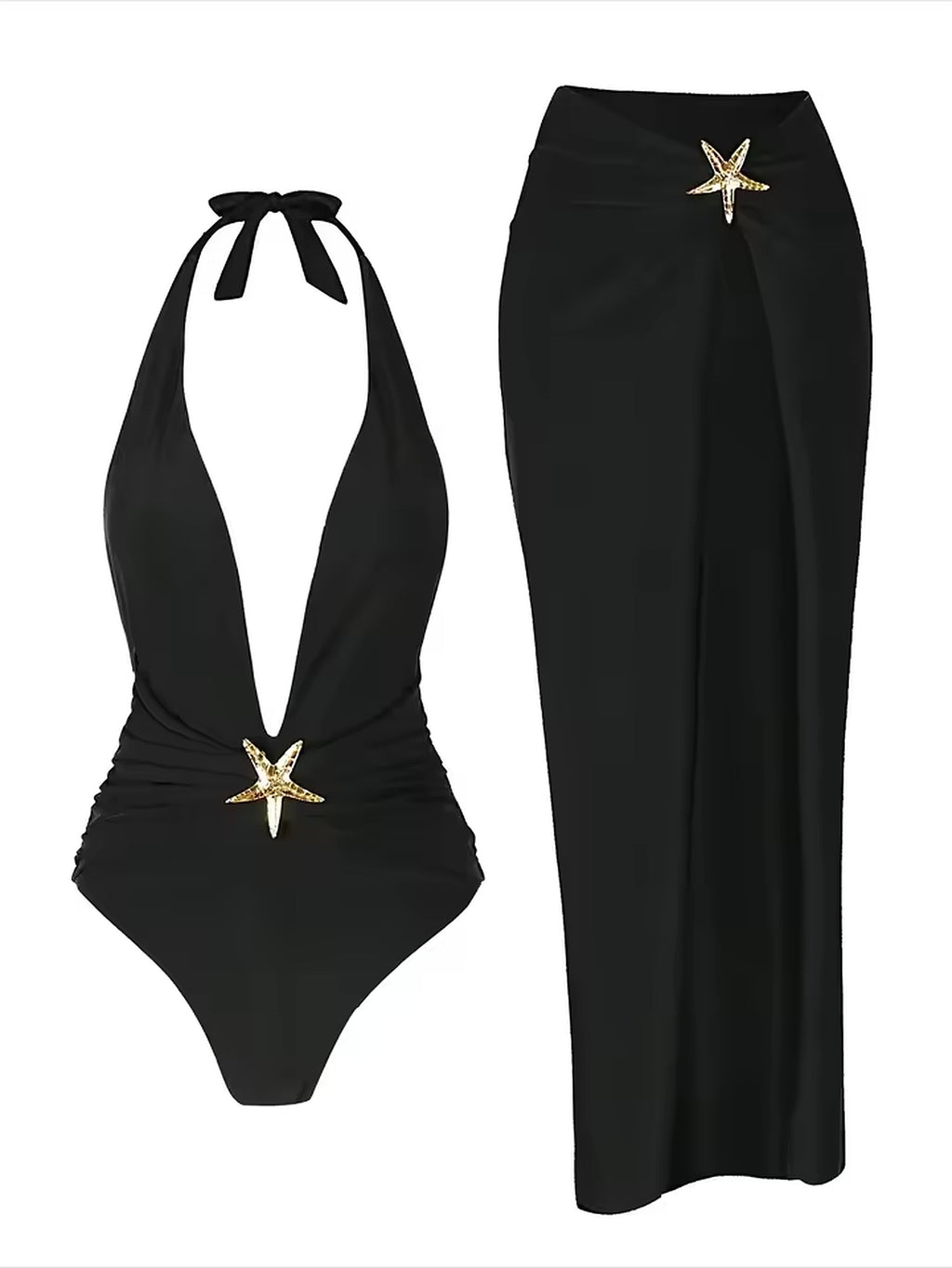 Black halter swimsuit with gold starfish detail and matching sarong cover-up