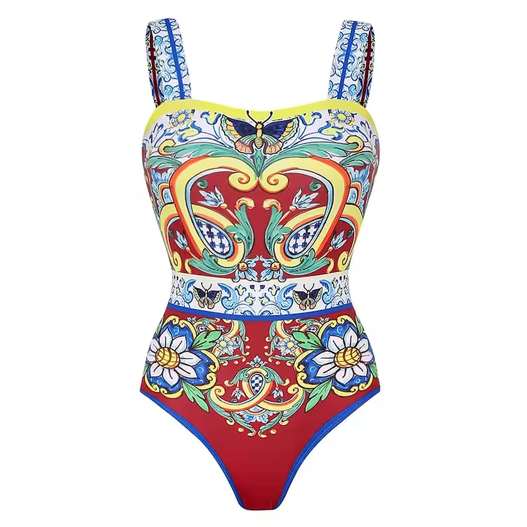 Capri Crush bikini with vibrant baroque floral print in red, yellow, blue and green featuring ornate butterfly and flower