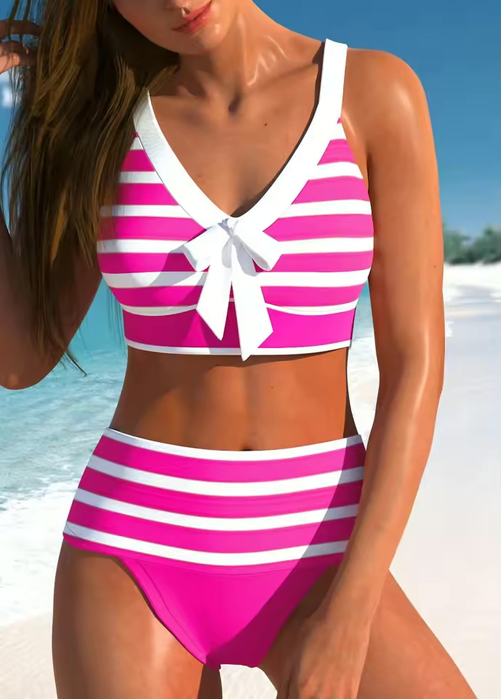 Woman wearing pink and white striped bikini with bow detail on beach at sunset