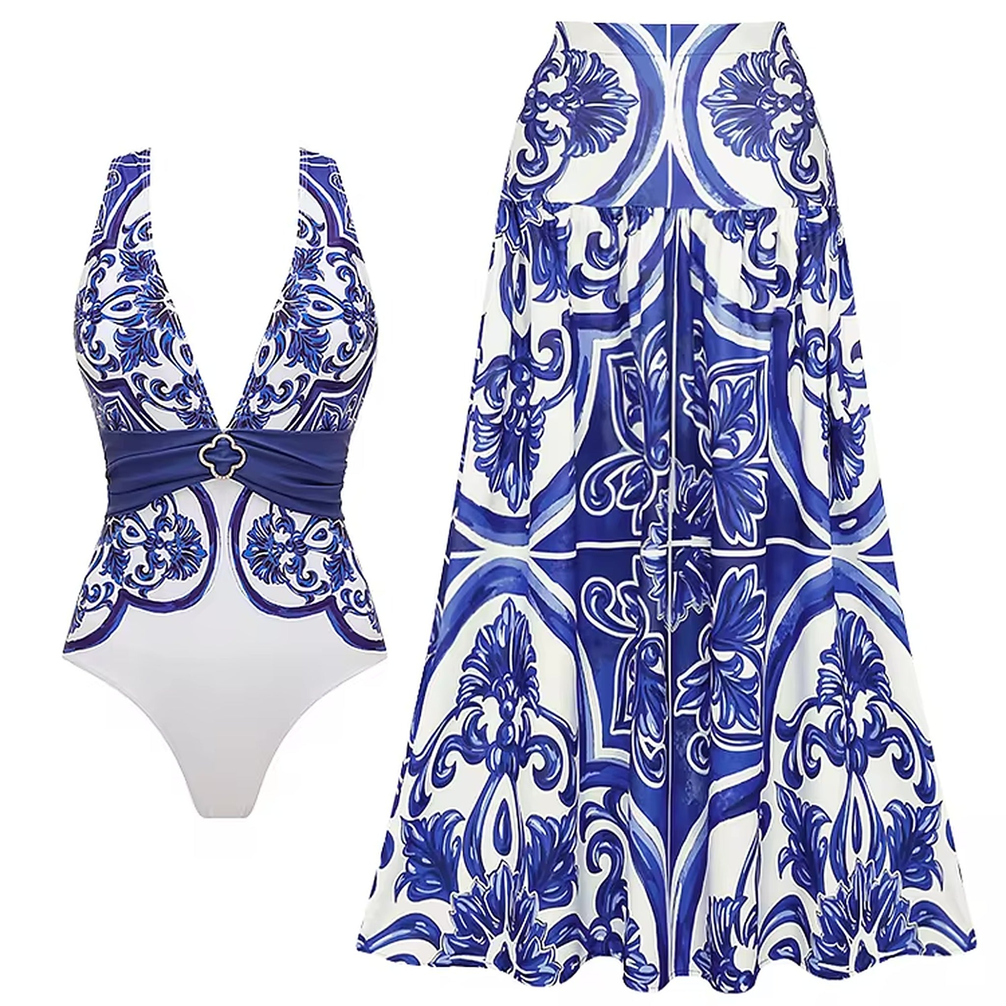 Blue and white baroque patterned one-piece swimsuit with cinched waist and matching printed cover-up skirt