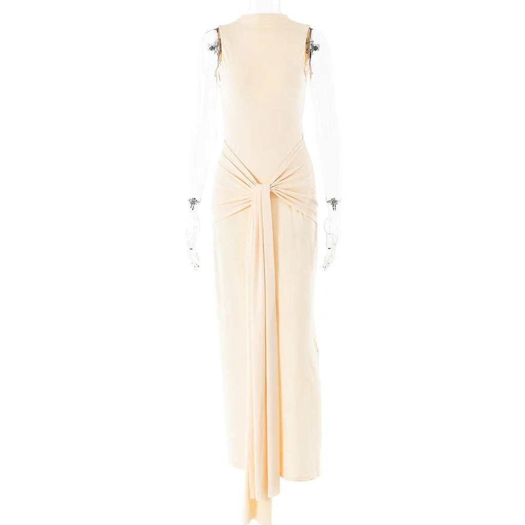 Cream Maia bikini with adjustable tie-front detail and metallic shoulder accents, displayed on back view against white