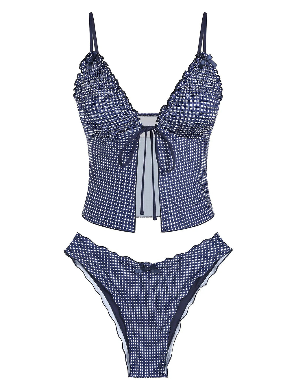 Navy textured bikini with ruffled cup details and tie-front closure