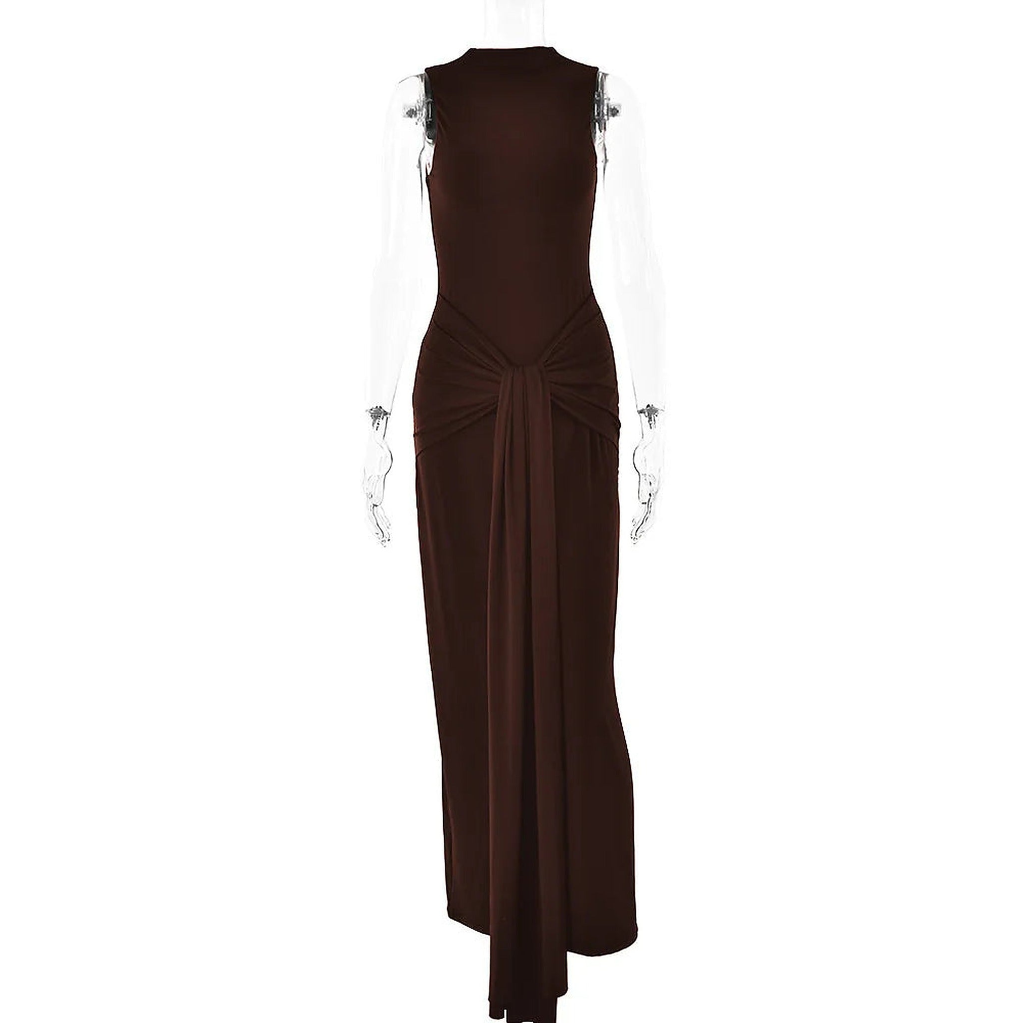 Brown ruched one-piece swimsuit with tie-front detail and adjustable shoulder straps